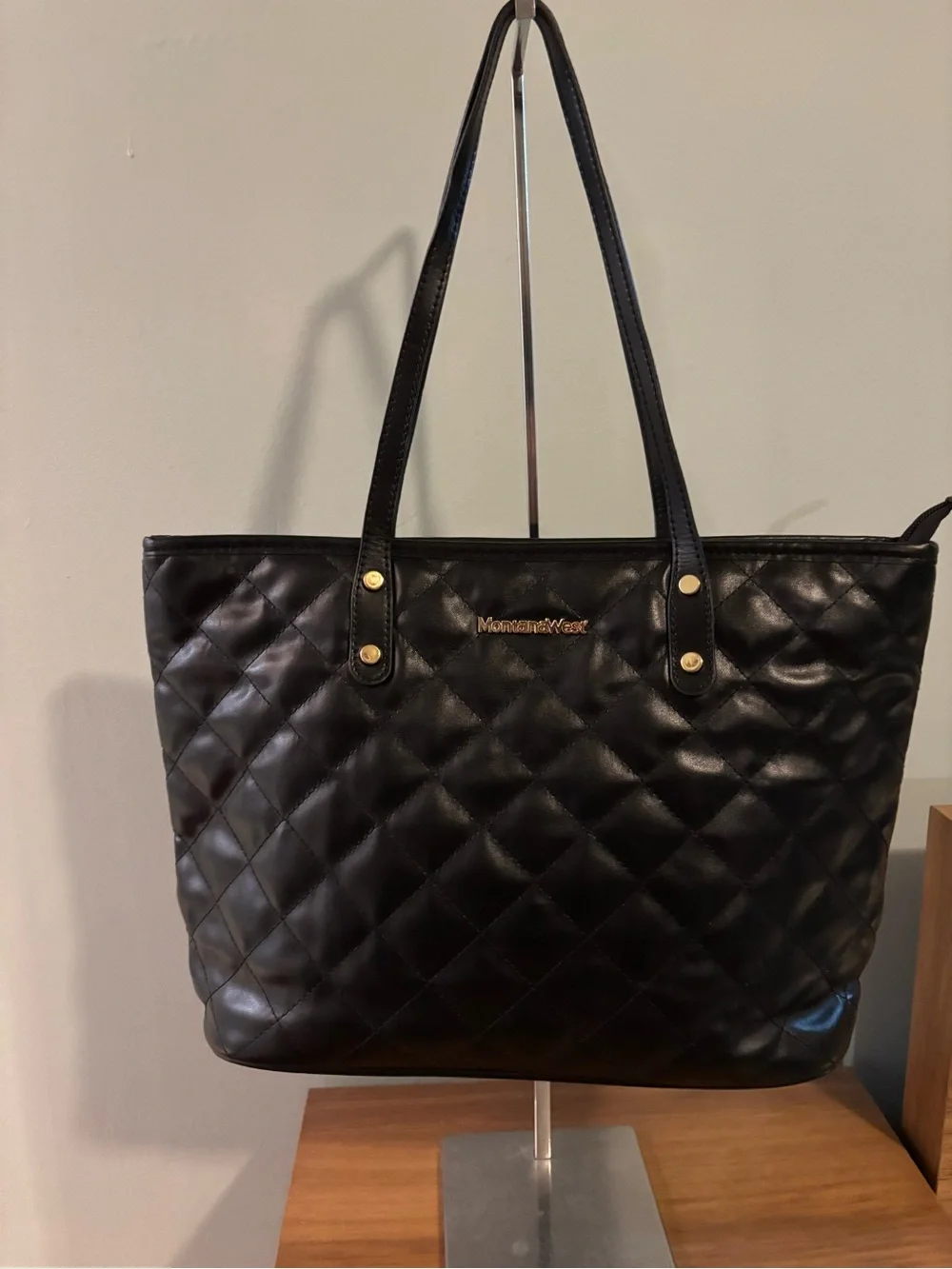 Montana West Black Quilted Tote interior zippered pocket and two slip pouches
